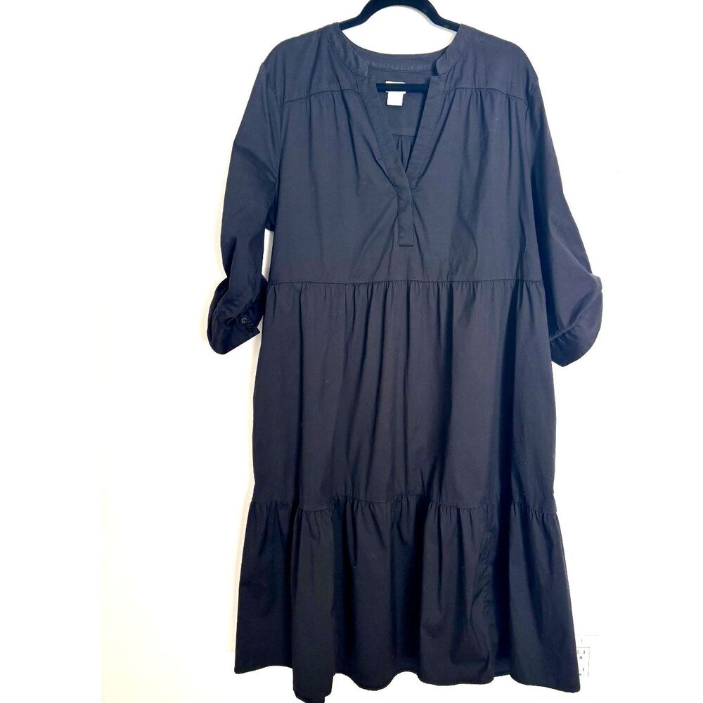 Chico's Black Tiered Popover Midi Dress Roll-Tab Sleeve Boho Minimalist Size 3